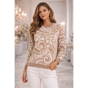 Jones New York Womens Paisley Knit Sweater Praline Multi Crewneck  petite XL